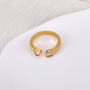 Vergoldeter Herz Ring mit zwei herzförmigen Zirkonia-Steinen auf weißem Hintergrund – offenes Design aus Edelstahl