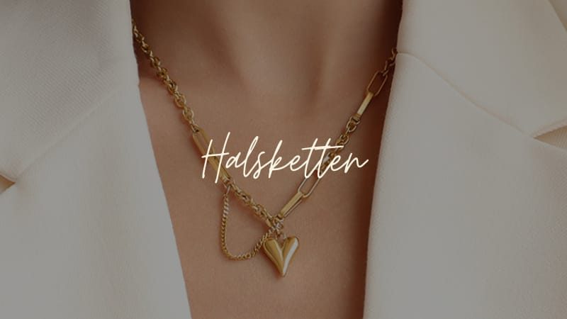 Nahaufnahme eines Halses, geschmückt mit einer goldenen Halskette mit einem herzförmigen Anhänger. Der Schriftzug 'Halsketten' ist zentral über dem Schmuckstück platziert.